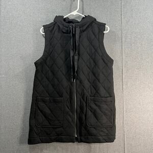 Susan Graver Weekend Quilted Knit Zip Front Vest with Hood Black Medium
